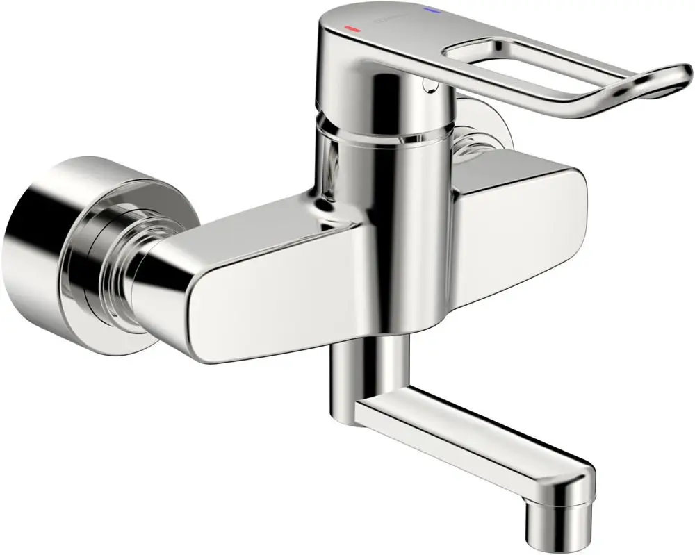 Einhebelmischer in Chrom-Ausführung von HANSA mit langem Bügelhebel und ausgezogenem Wasserfluss, geeignet für Waschbeckenmontage.